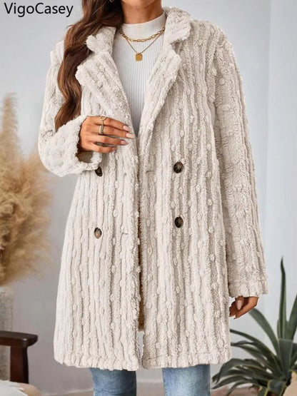 VigoCasey 2025 Womens DoubleBreasted Apricot Jacket  Plush Warm Coat With Turndown Collar For Autum 4