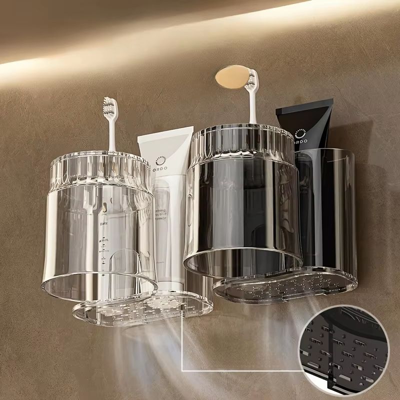 2PCS Set Toothbrush Holder With Mouthwash Cup  WallMounted Bathroom Storage Rack 3