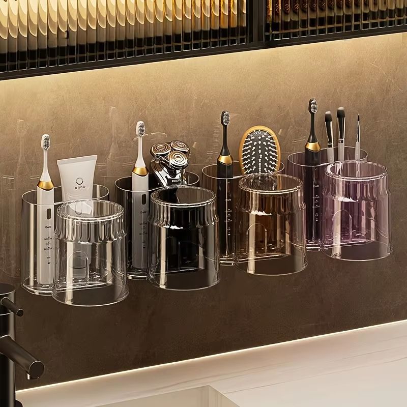 2PCS Set Toothbrush Holder With Mouthwash Cup  WallMounted Bathroom Storage Rack 4