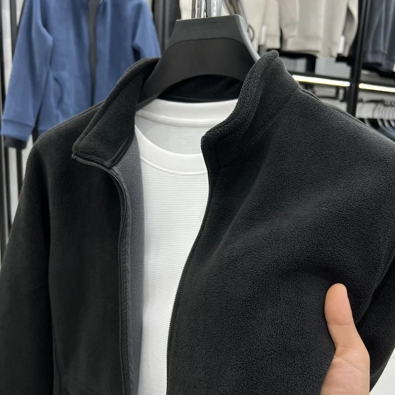Mens Double Sided Fleece Hoodie Jacket With Stand Collar 8