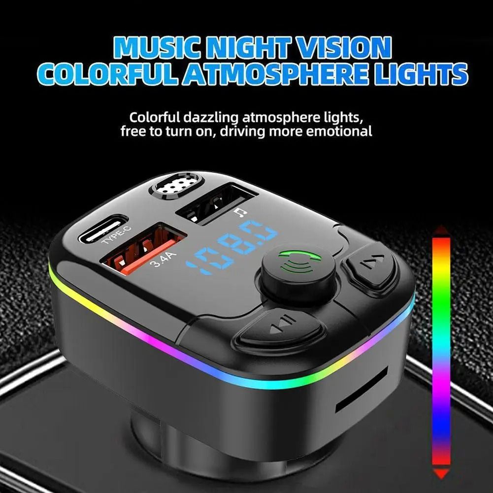 Bluetooth 50 Car FM Transmitter PD Type C Dual USB 18W Handsfree Charger 4