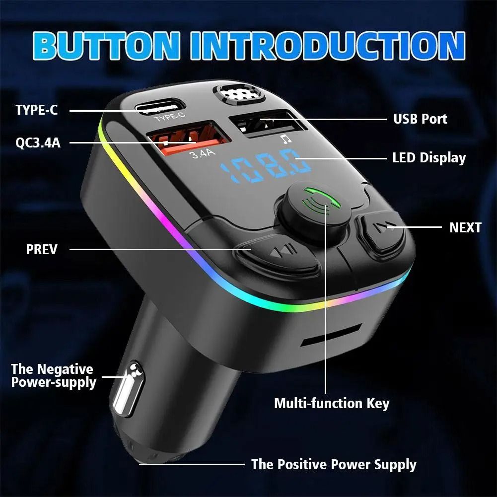 Bluetooth 50 Car FM Transmitter PD Type C Dual USB 18W Handsfree Charger 5