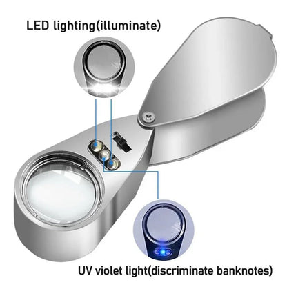 40X Jewelers Loupe Magnifier With LED And UV Light  Metal Folding Magnifying Glass For Coins Jewelr