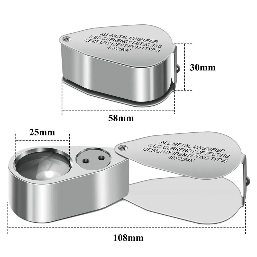 40X Jewelers Loupe Magnifier With LED And UV Light  Metal Folding Magnifying Glass For Coins Jewelr