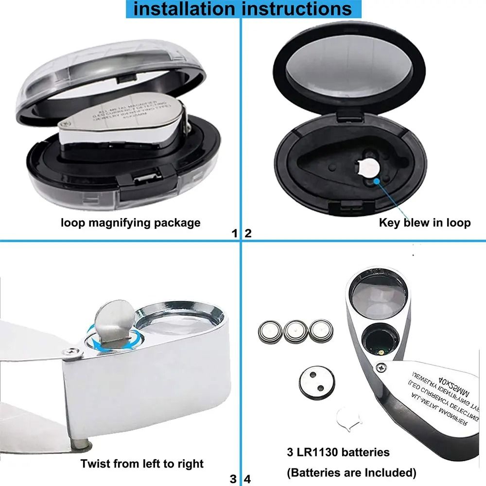 40X Jewelers Loupe Magnifier With LED And UV Light  Metal Folding Magnifying Glass For Coins Jewelr
