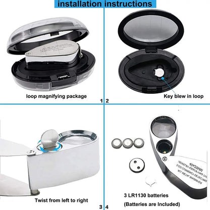 40X Jewelers Loupe Magnifier With LED And UV Light  Metal Folding Magnifying Glass For Coins Jewelr