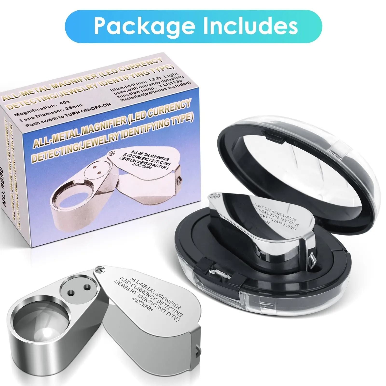 40X Jewelers Loupe Magnifier With LED And UV Light  Metal Folding Magnifying Glass For Coins Jewelr