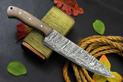 Custom Handmade Damascus Steel Chef Knife with Walnut Wood Handle
