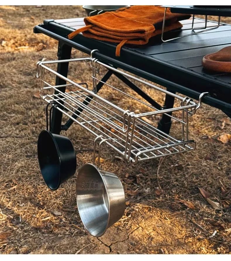 Outdoor Folding Aluminum Table Storage Rack – IGT Side Expansion Hanger with Mesh Basket for Camping and BBQ