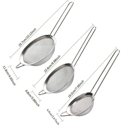 3Piece Fine Mesh Strainer Set  Stainless Steel Flour Sifter Tea And Egg Sieve Kitchen Tool With Han 3