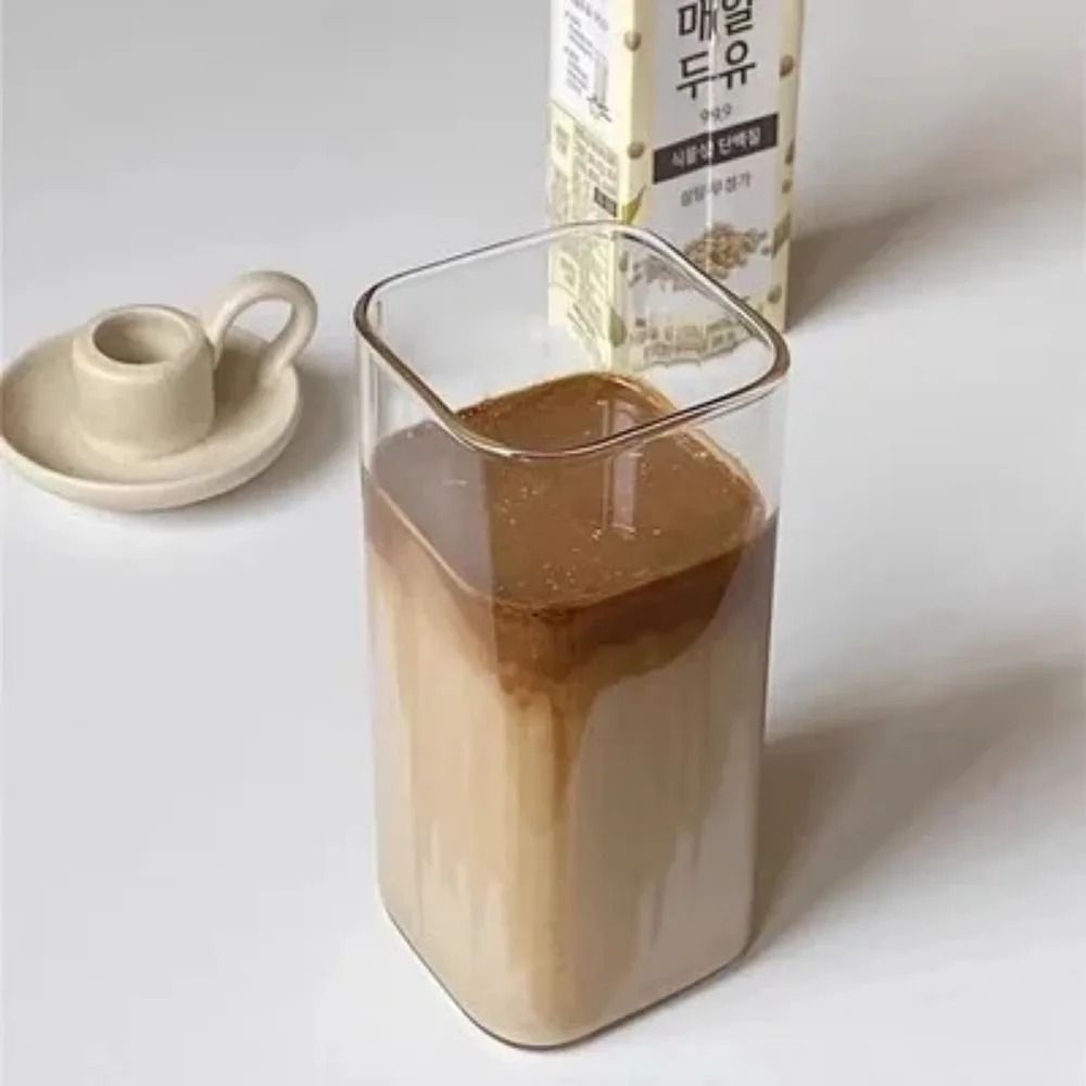 Square HeatResistant Glass Cup With Lid And Straw  400ml Transparent Coffee And Milk Tea Mug For Ho 5
