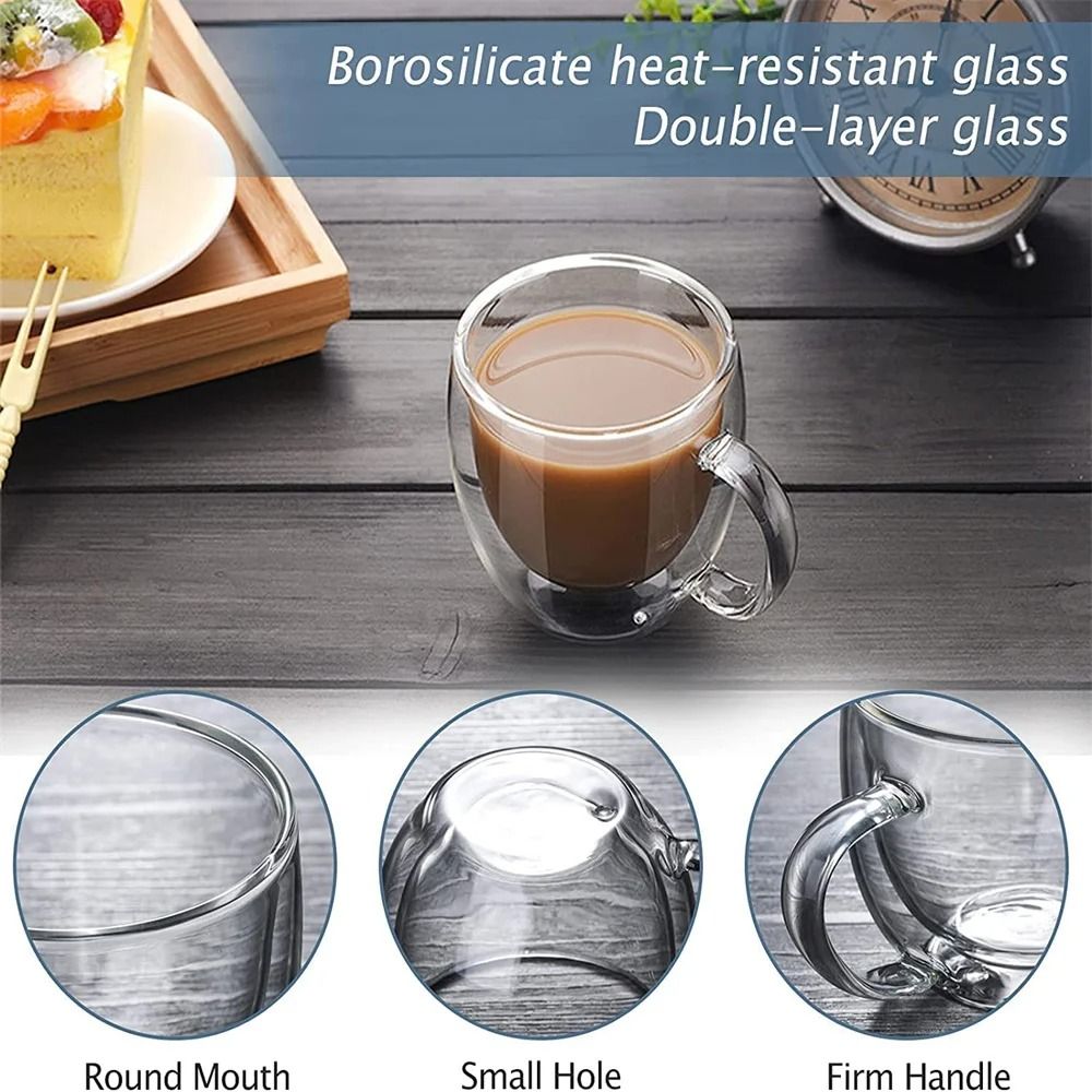 DoubleWalled Glass Coffee Mug  250ml Insulated Clear Cup With Handle For Hot And Cold Drinks 3