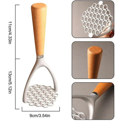 Wood Handle Garlic Pusher, Aluminum Manual Potato Masher, Meat Potato Pressor Tool, Whisk Food Cutter Crusher