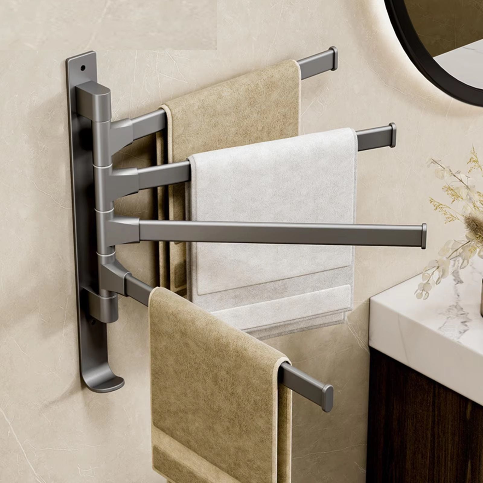Space Saving Rotatable Towel Rack, Wall Mounted Aluminum Towel Holder, for Kitchen and Bathroom