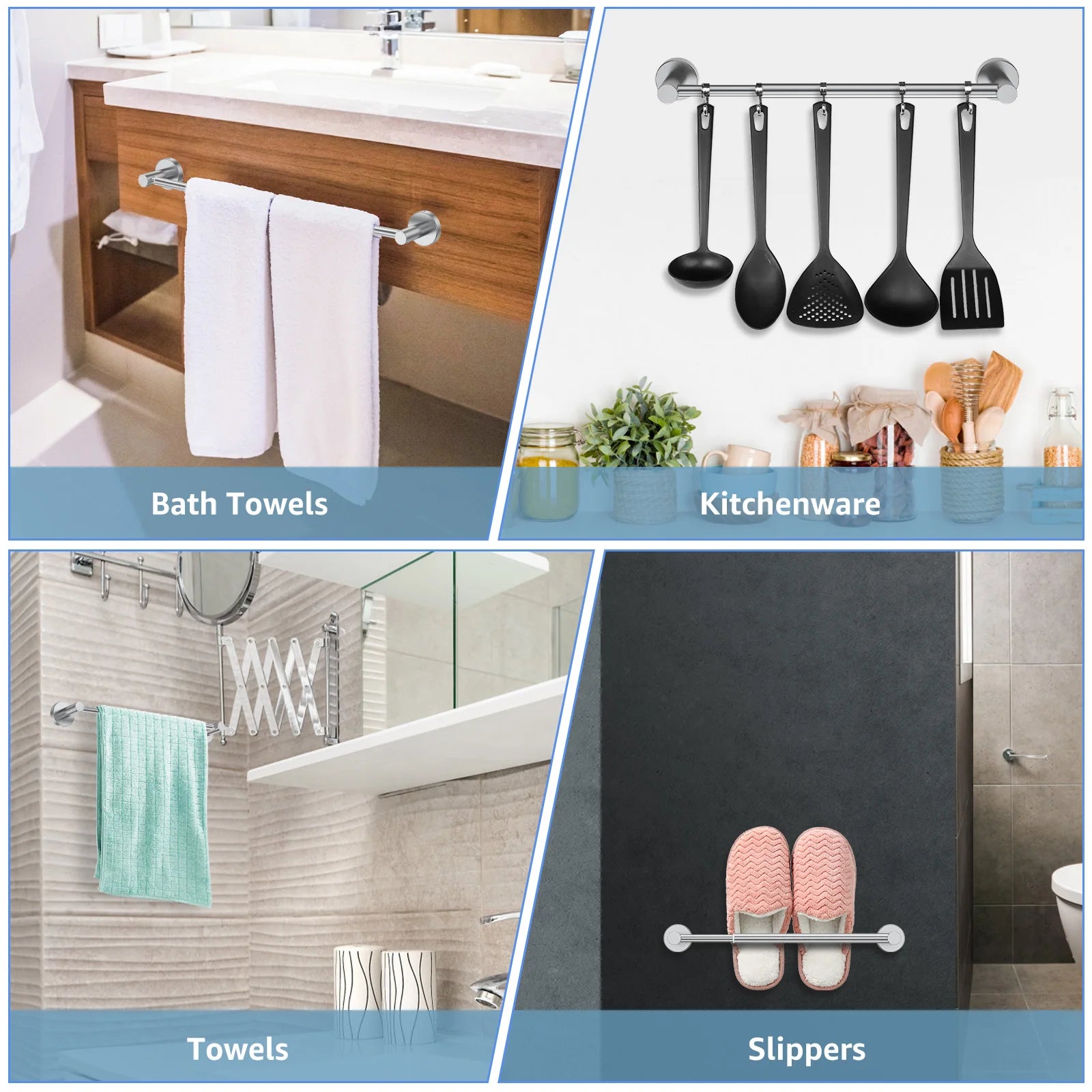 Adjustable Wall Mounted Towel Bar, Stainless Steel Retractable Towel Rack, Space Saving Bathroom Holder