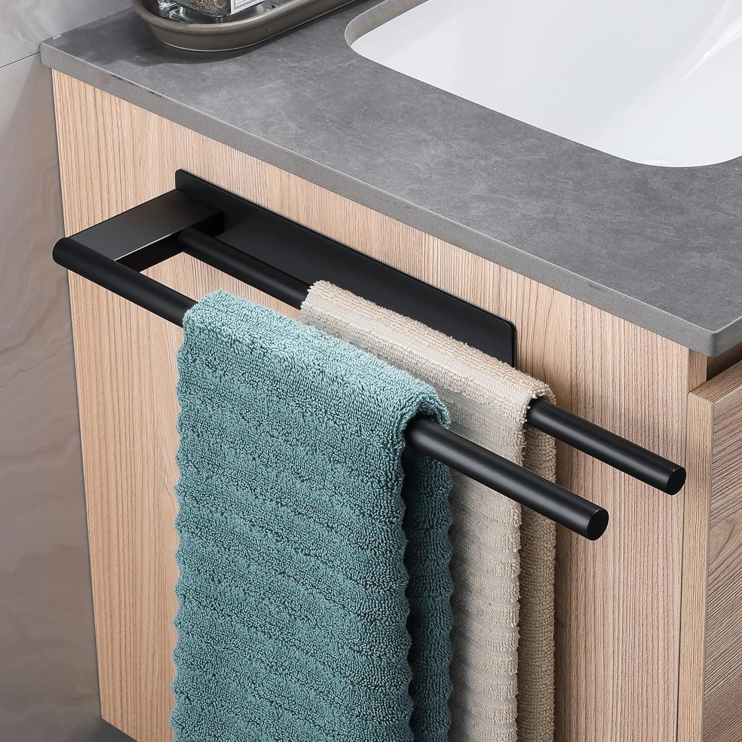 No Drill Towel Rack, Stainless Steel Black Adhesive Bar, for Bathroom and Kitchen