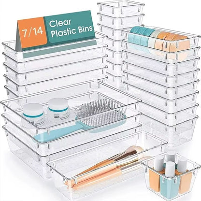 ClearView Modular Plastic Drawer Organizer Set 2 (7/14 pcs) - Dividers & Bins for Desk, Dresser & Office