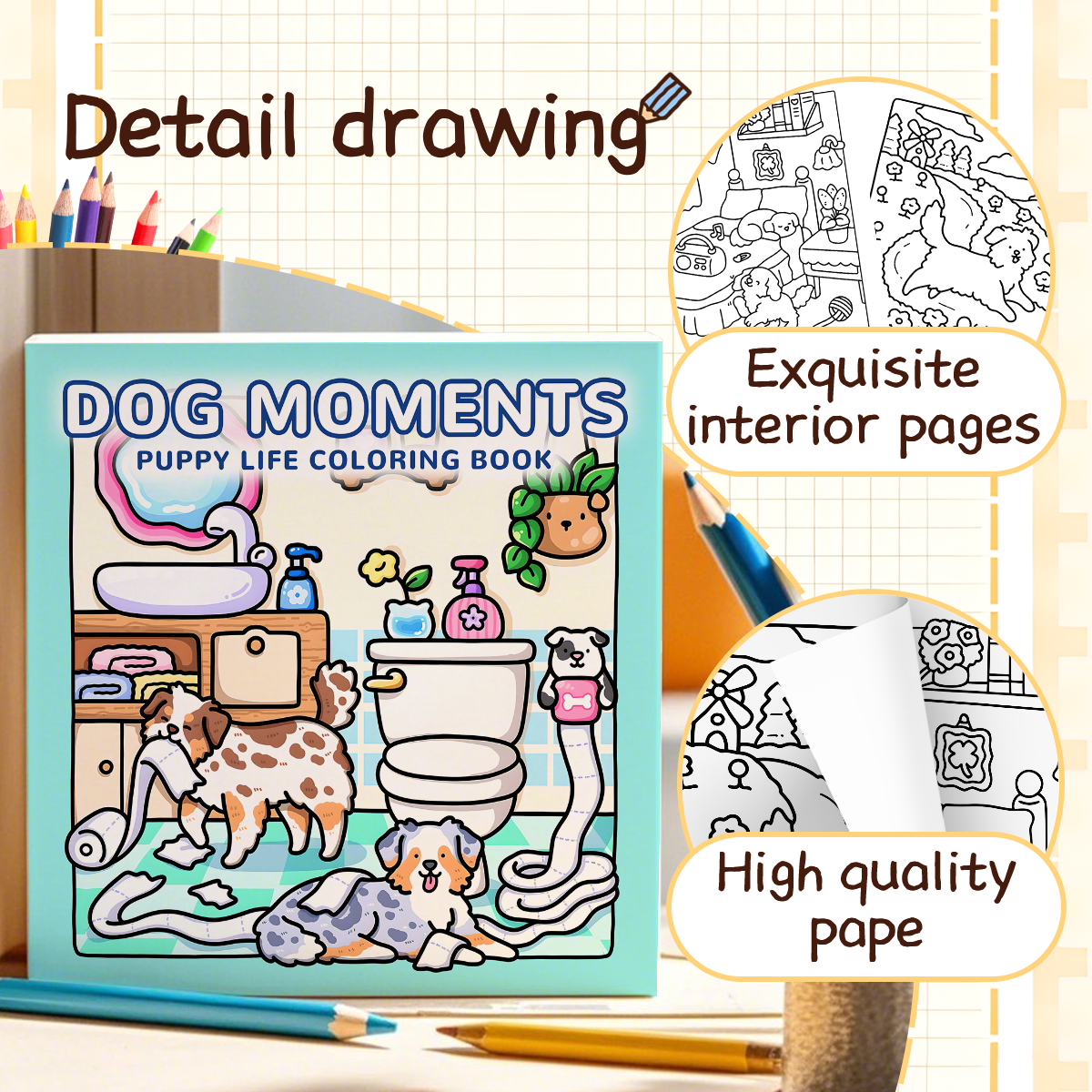 Dog Moments Colouring Book, PUPPY LIFE Scenes for Adult Stress Relief, Kids Educational Toys, Painting Drawing Book
