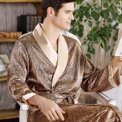 Men's Satin Kimono Robe, Luxury Print Gold Bathrobe, Plus Size Silk Dressing Gown, Geometric Lounge Sleepwear