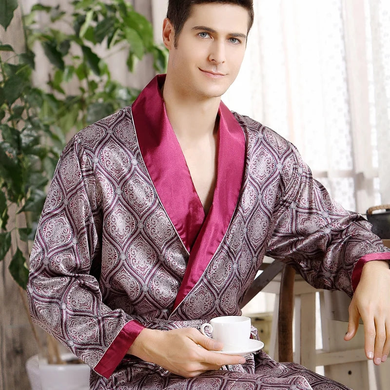 Men's Satin Kimono Robe, Luxury Print Gold Bathrobe, Plus Size Silk Dressing Gown, Geometric Lounge Sleepwear