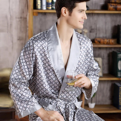 Men's Satin Kimono Robe, Luxury Print Gold Bathrobe, Plus Size Silk Dressing Gown, Geometric Lounge Sleepwear