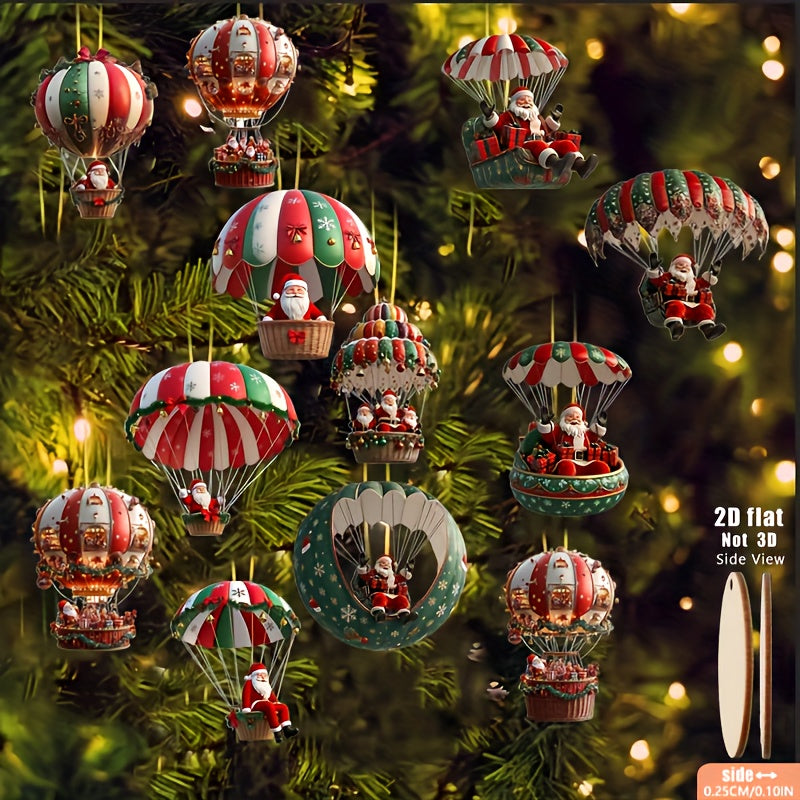 Christmas Tree Wooden Hanging Decorations, Mobile Santa Claus, Hot Air Balloon, Festive Holiday Ornament Kit