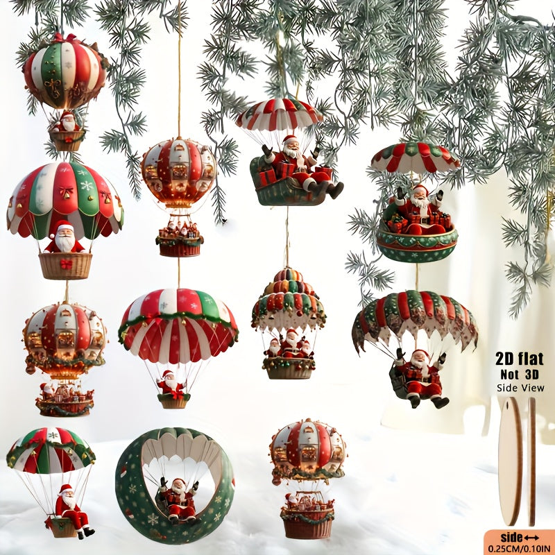Christmas Tree Wooden Hanging Decorations, Mobile Santa Claus, Hot Air Balloon, Festive Holiday Ornament Kit