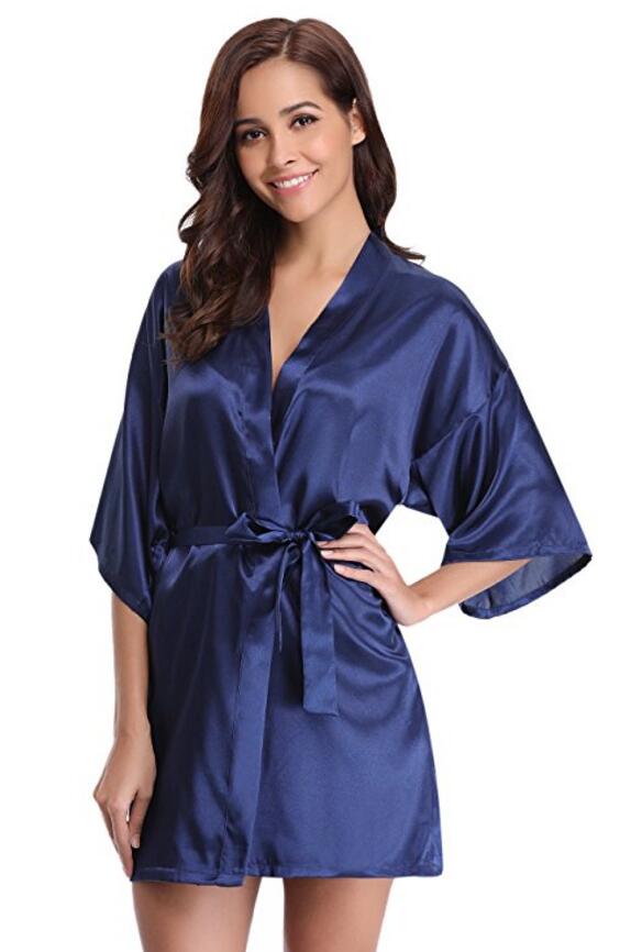 Luxury Silk Kimono Robe, Women's Satin Bathrobe, Navy Blue Bridesmaid Robe, Sexy Dressing Gown