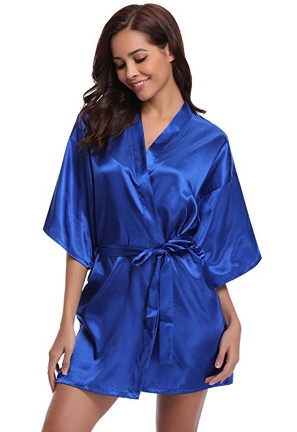 Luxury Silk Kimono Robe, Women's Satin Bathrobe, Navy Blue Bridesmaid Robe, Sexy Dressing Gown
