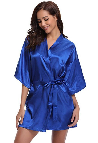 Luxury Silk Kimono Robe, Women's Satin Bathrobe, Navy Blue Bridesmaid Robe, Sexy Dressing Gown