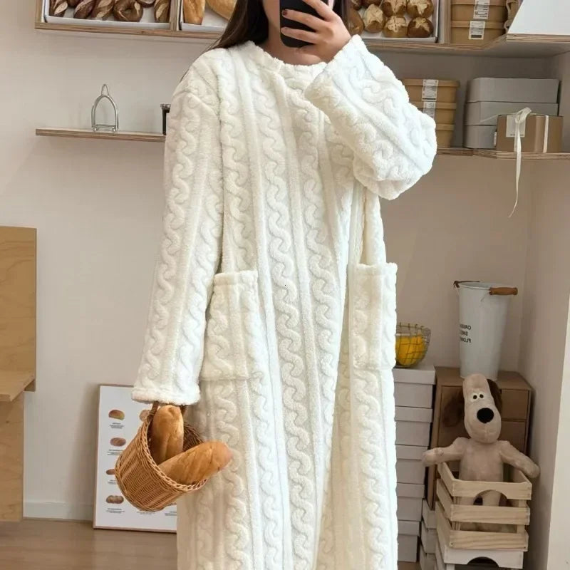Winter Nightgown For Women Long Sleeve Flannel Sleepwear Loose Fit Nightdress With Pockets Thickene 1