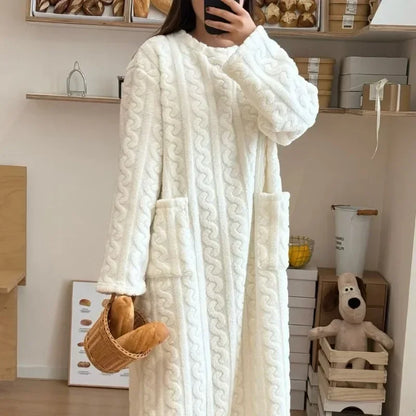 Winter Nightgown For Women Long Sleeve Flannel Sleepwear Loose Fit Nightdress With Pockets Thickene 1