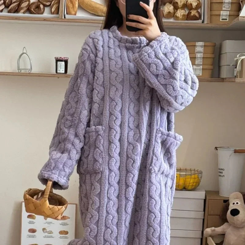 Winter Nightgown For Women Long Sleeve Flannel Sleepwear Loose Fit Nightdress With Pockets Thickene 3