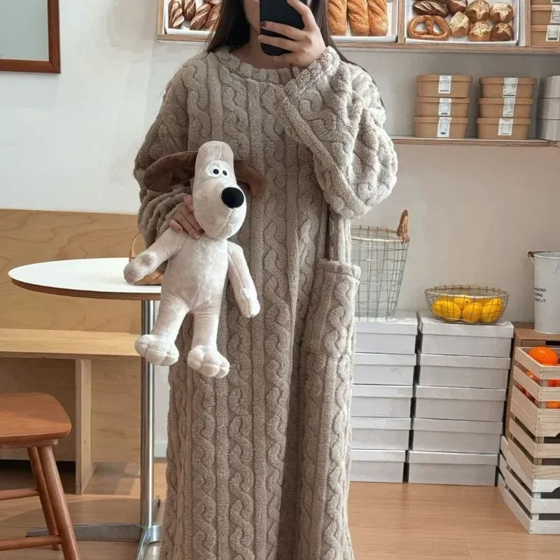 Winter Nightgown For Women Long Sleeve Flannel Sleepwear Loose Fit Nightdress With Pockets Thickene 4