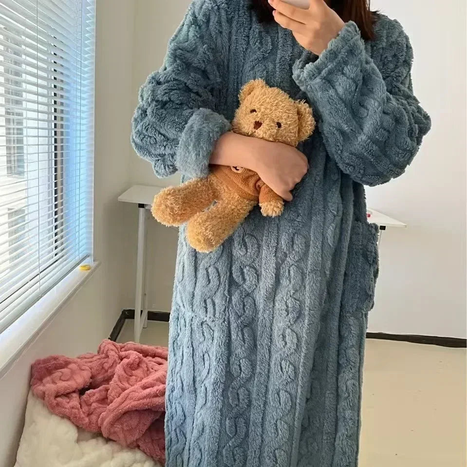 Winter Nightgown For Women Long Sleeve Flannel Sleepwear Loose Fit Nightdress With Pockets Thickene 6