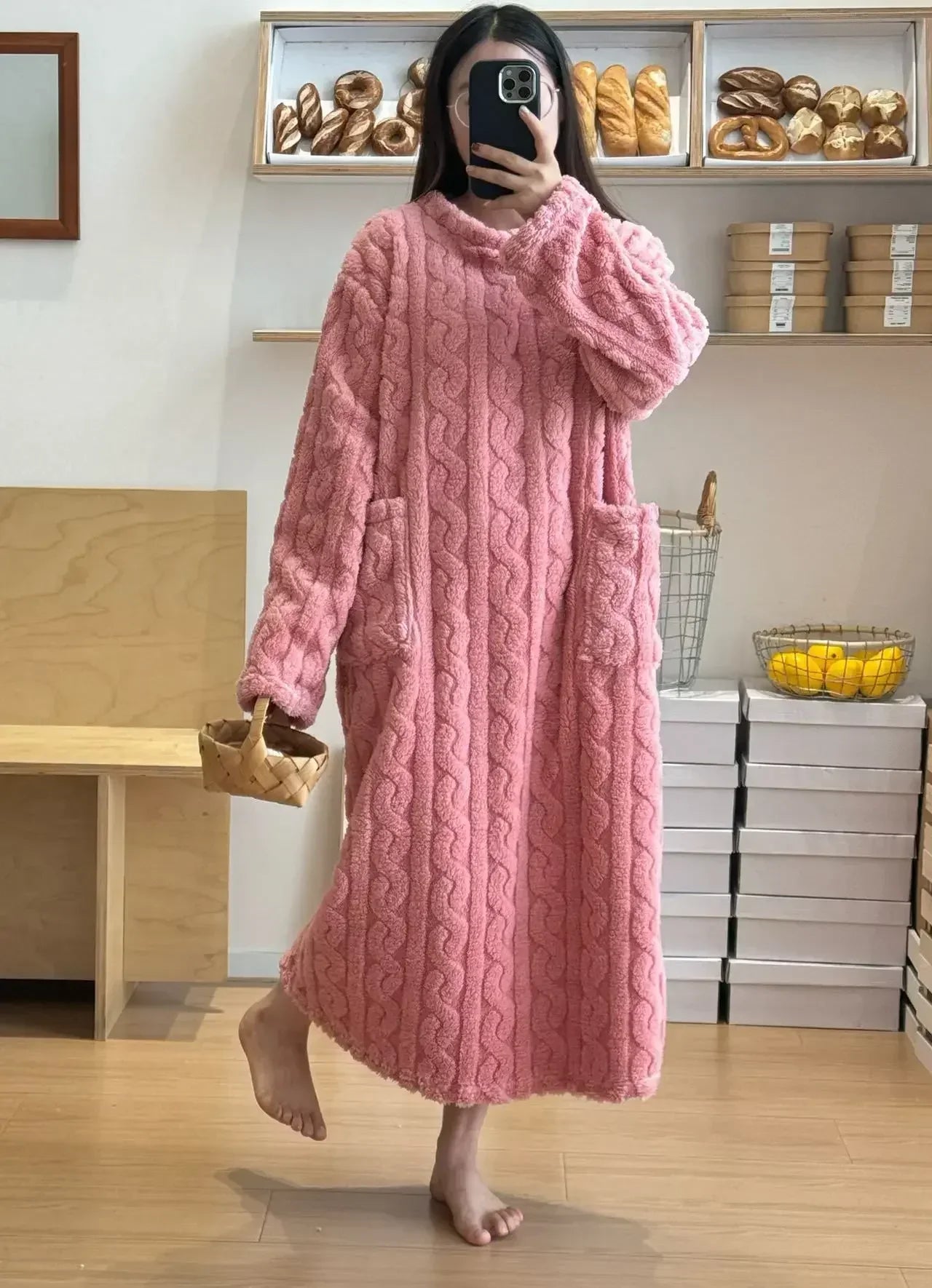 Winter Nightgown For Women Long Sleeve Flannel Sleepwear Loose Fit Nightdress With Pockets Thickene 7