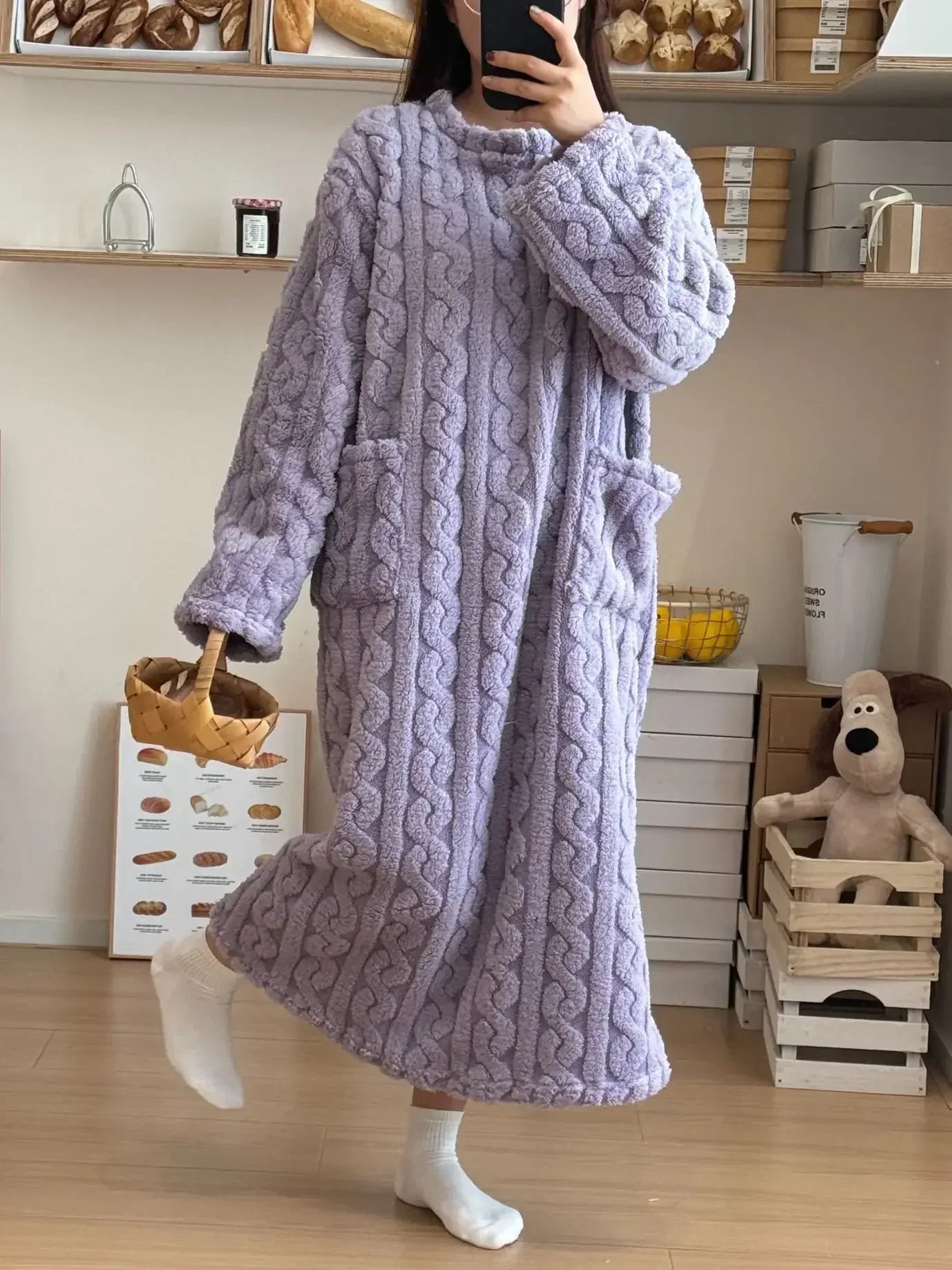 Winter Nightgown For Women Long Sleeve Flannel Sleepwear Loose Fit Nightdress With Pockets Thickene 8