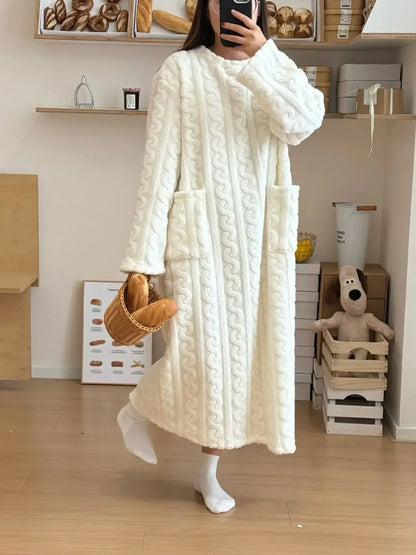 Winter Nightgown For Women Long Sleeve Flannel Sleepwear Loose Fit Nightdress With Pockets Thickene 9