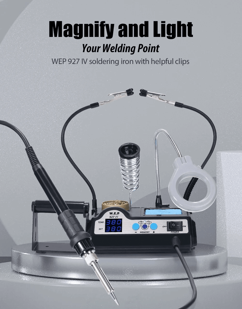 WEP 927 Digital Soldering Iron Station Kit with Magnifier and Clips
