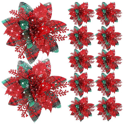 Artificial Flower Ornaments, Glitter Pink Christmas Flowers, Xmas Tree Decoration for Home and New Year
