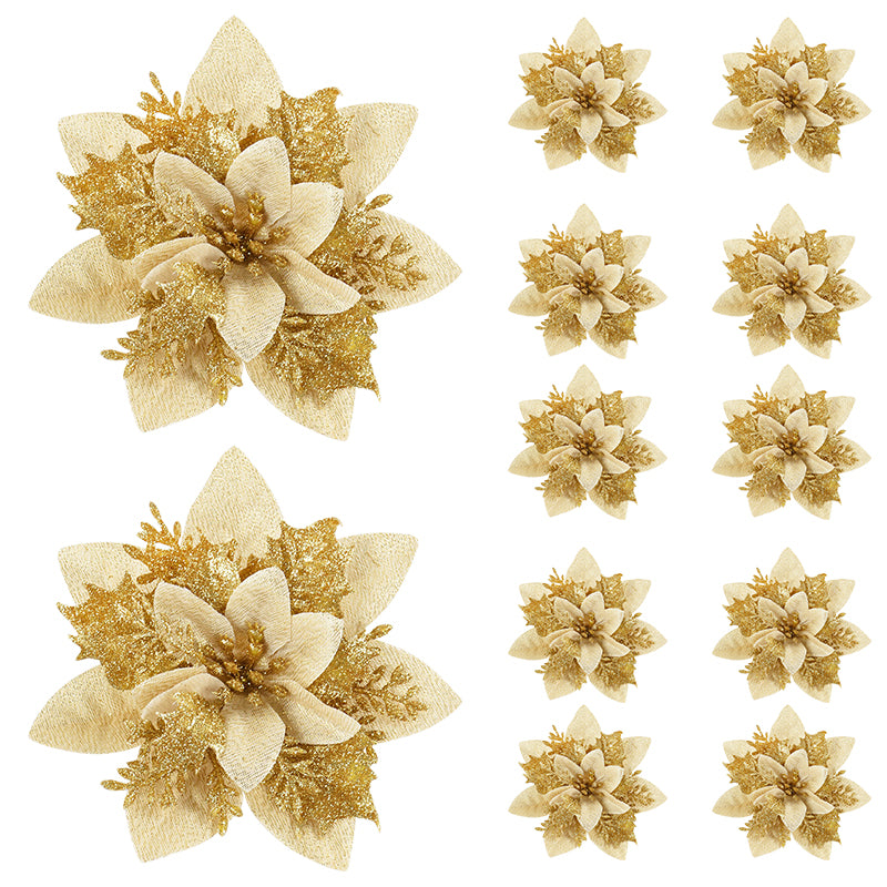 Artificial Flower Ornaments, Glitter Pink Christmas Flowers, Xmas Tree Decoration for Home and New Year