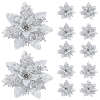 Artificial Flower Ornaments, Glitter Pink Christmas Flowers, Xmas Tree Decoration for Home and New Year