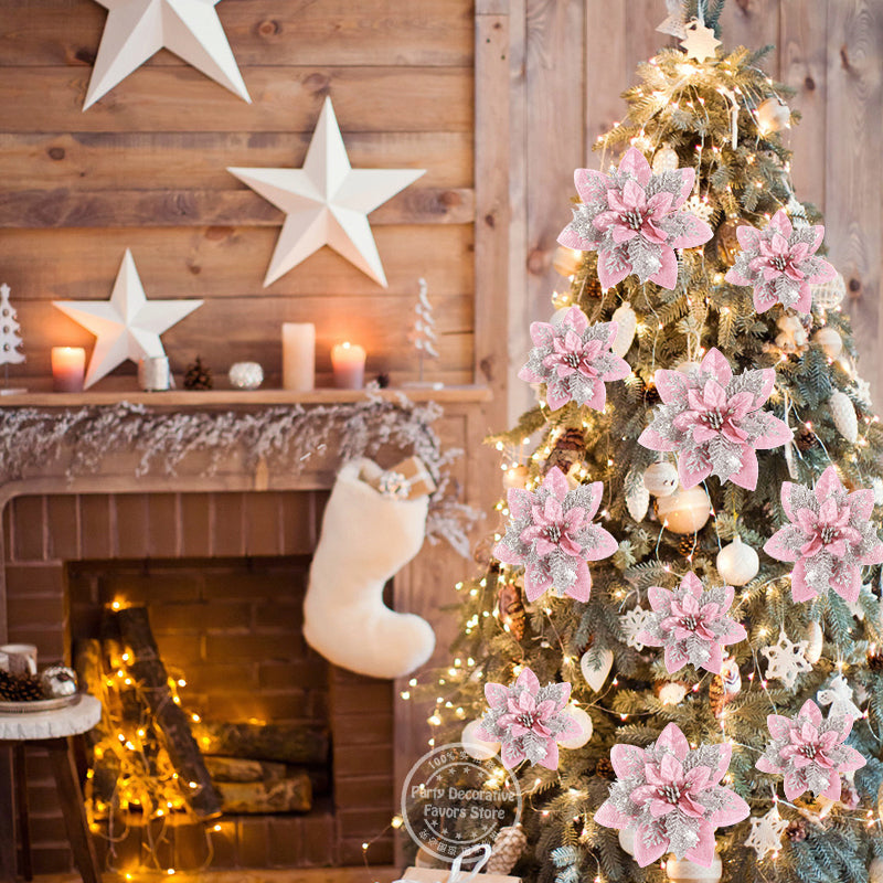 Artificial Flower Ornaments, Glitter Pink Christmas Flowers, Xmas Tree Decoration for Home and New Year