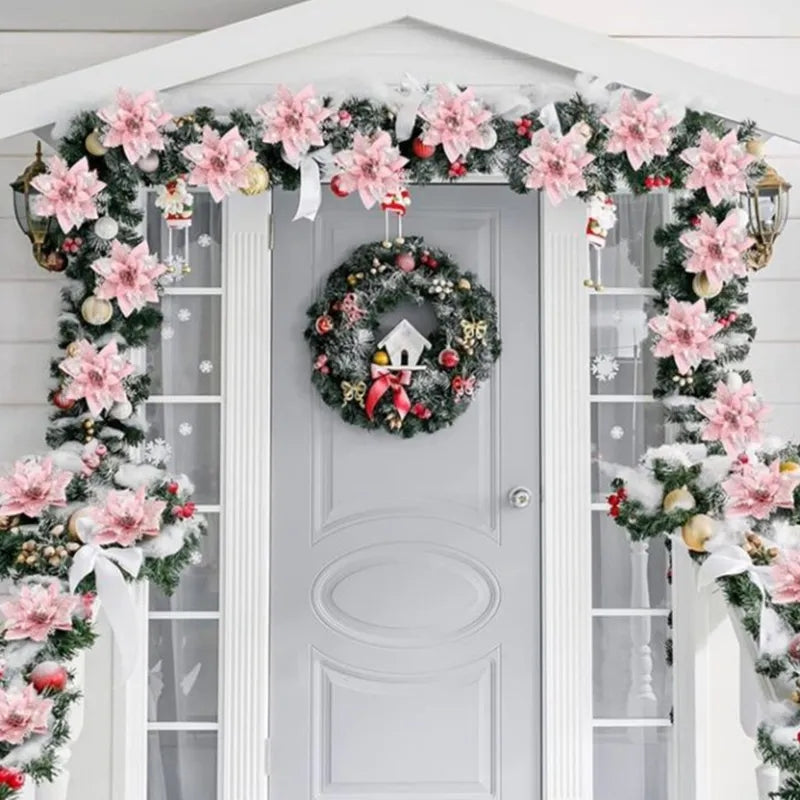 Artificial Flower Ornaments, Glitter Pink Christmas Flowers, Xmas Tree Decoration for Home and New Year
