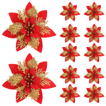 Artificial Flower Ornaments, Glitter Pink Christmas Flowers, Xmas Tree Decoration for Home and New Year