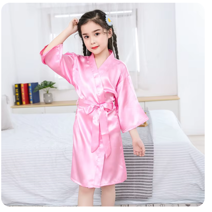 Girls Satin Kimono Robe, Pink Bathrobes for Girls Nightwear, Kids Sleepwear for Summer, Wedding and Spa Party Dress
