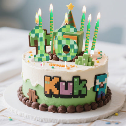 Pixel Theme Birthday Candles, Green My World Cake Toppers, Video Game Party Decoration, Digital Number Candles