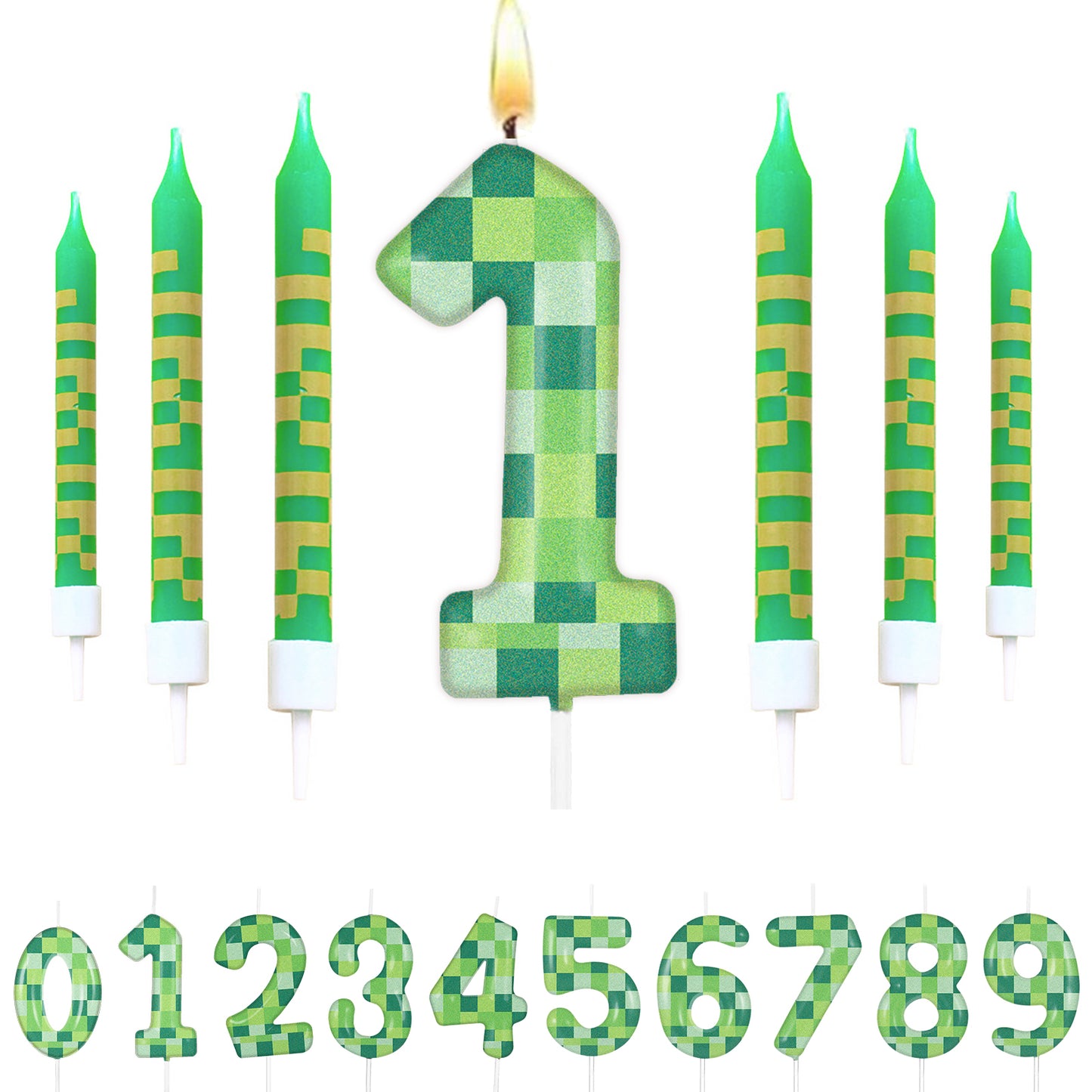 Pixel Theme Birthday Candles Green My World Cake Toppers Video Game Party Decoration Digital Number 1