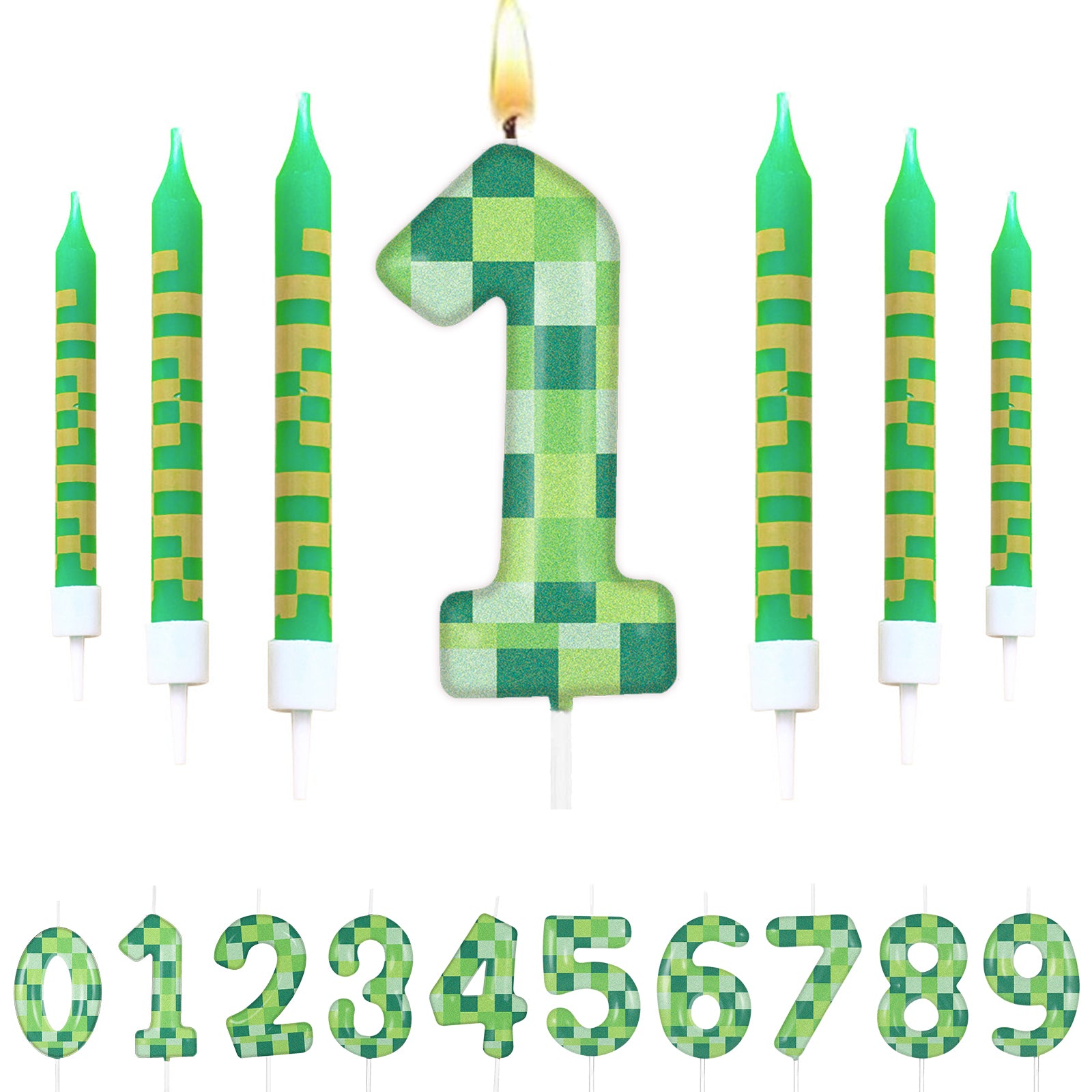 Pixel Theme Birthday Candles Green My World Cake Toppers Video Game Party Decoration Digital Number 1