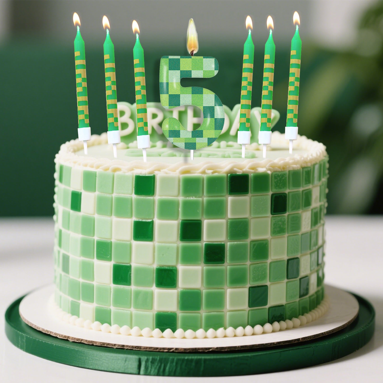 Pixel Theme Birthday Candles Green My World Cake Toppers Video Game Party Decoration Digital Number 4
